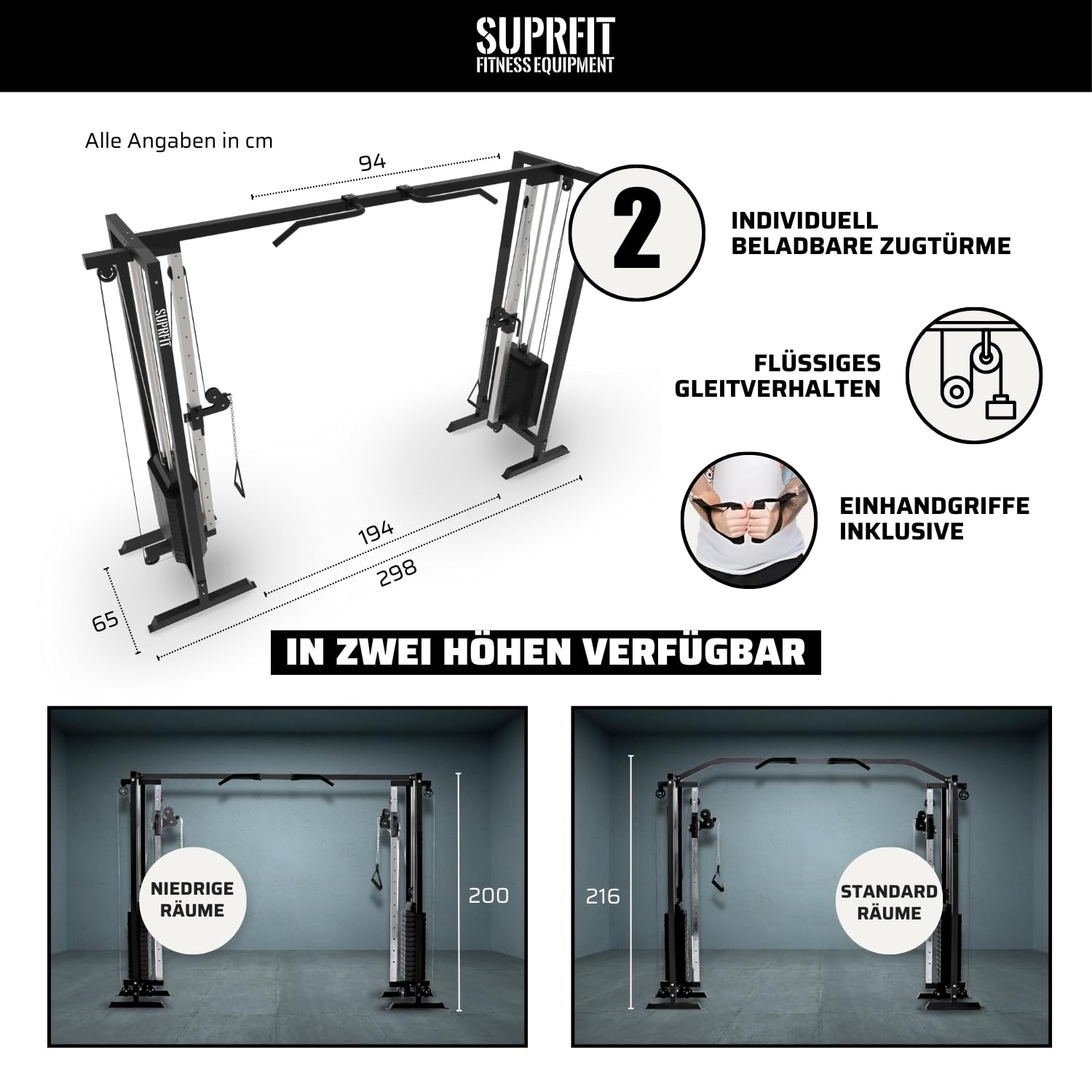 SUPRFIT - Kabelzug Fitness Kraftstation für zuhause inkl. Steckgewichte bis 81kg Zuglast pro Seite - Robuste Kabelzugstation mit Klimmzugsstange & Griffen für Diverse Übungen im Homegym - 298x200cm