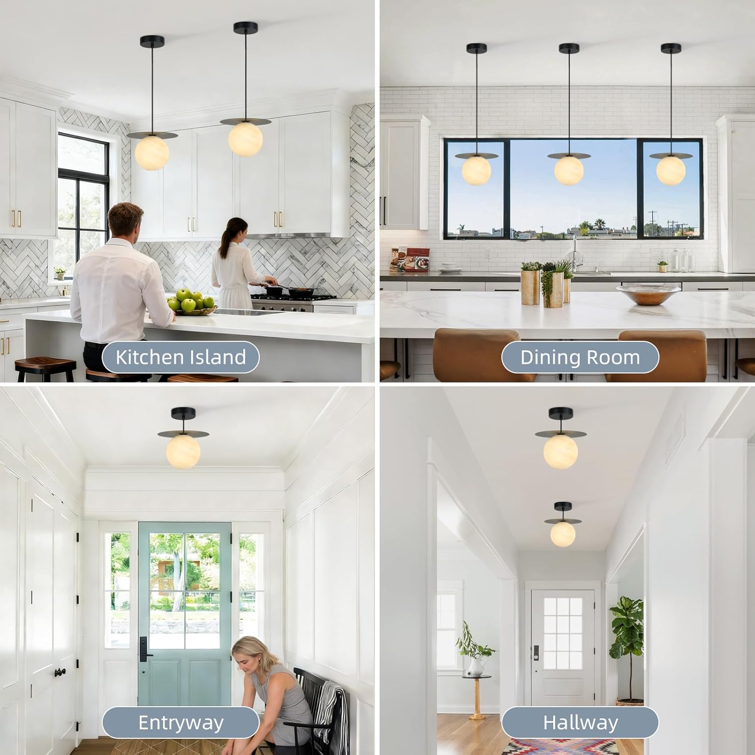 Black Pendant Lights Kitchen Island,Handblown Art Glass Shade Kitchen Pendant Lighting Over Island Hanging Bathroom Light Fixtures Adjustable Chandelier for Dining Room,Living,Foyer,Hallway, Entry