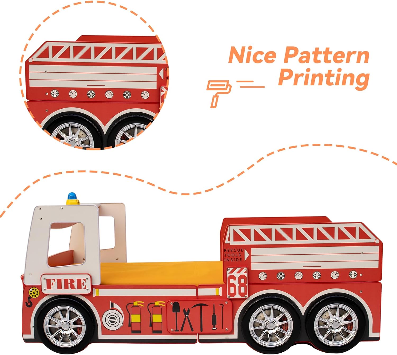 LKTART Twin Size Car Bed for Kids, Fire Truck-Shaped Wooden Platform Bed Frame with LED Lights, Headboard Wheels and Support Slats for Boys Toddlers Child's Bedroom (Red)