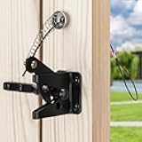 Self Locking Gate Latch with Spring Cable Pull, Heavy Duty Automatic Gravity Lever Gate Fence Door Latches for Wooden Fence/Vinyl Door/Outdoor Secure Pool/Garden, Black-1 Pack
