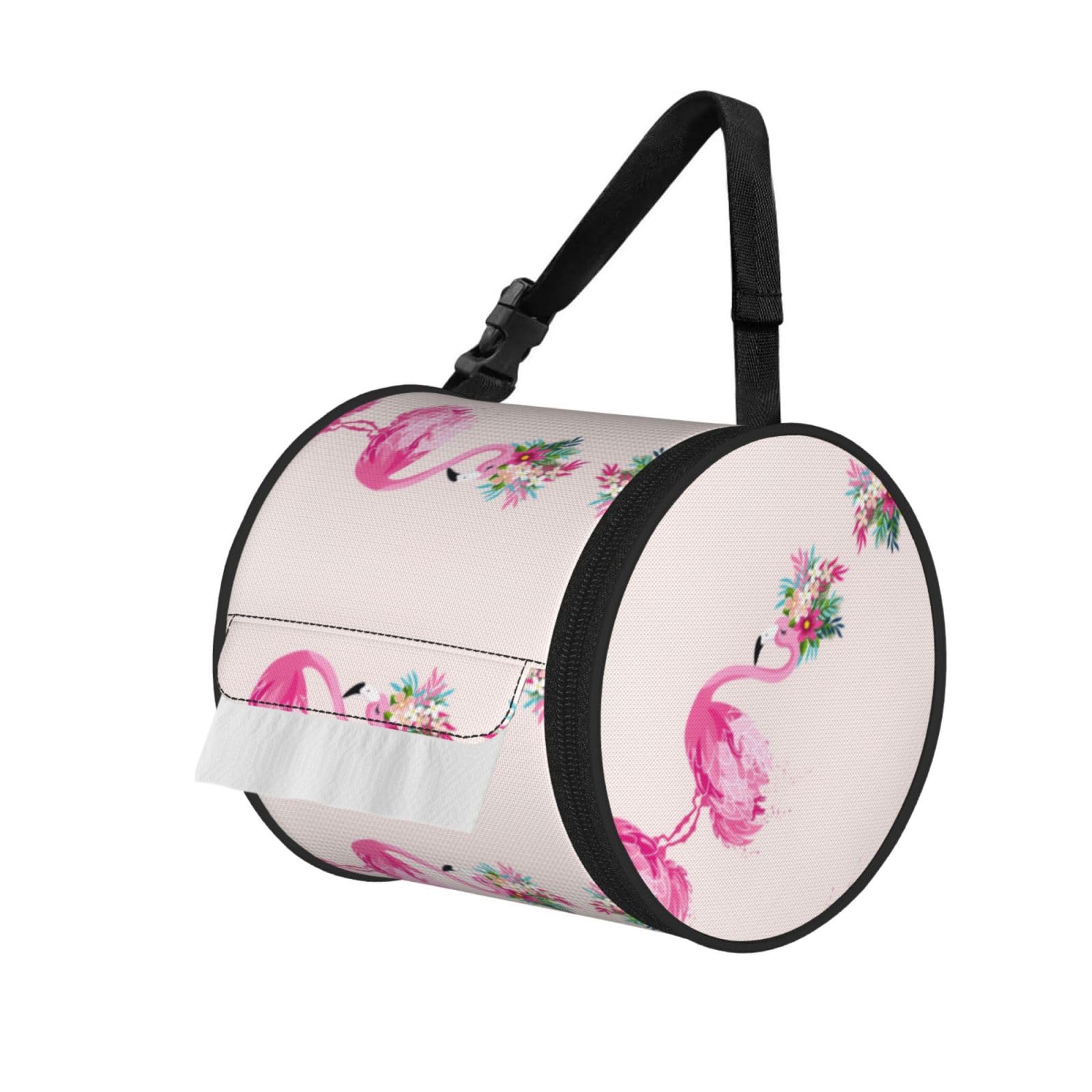 Pink Flamingo Print Round Tissue Dispenser Bag With Carry Strap, Portable Roll Holder For Car Travel Home