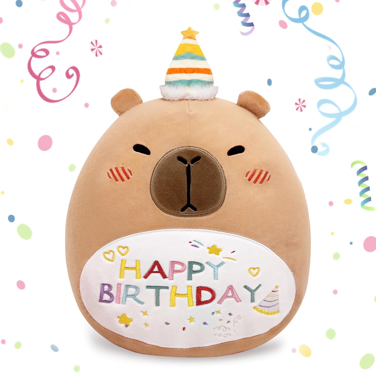 Capybara Birthday Plush 14in Stuffed Animal Pillow Cute Happy Birthday Capybara Gifts for Kids Boys Girls (Birhtday Capybara Plush Pillow)