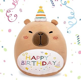 Capybara Birthday Plush 14in Stuffed Animal Pillow Cute Happy Birthday Capybara Gifts for Kids Boys Girls (Birhtday Capybara Plush Pillow)