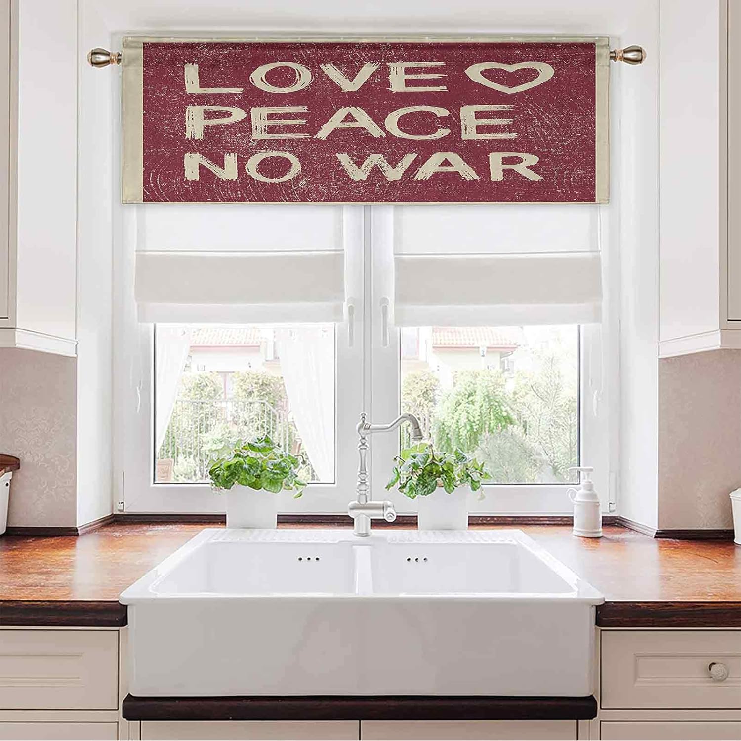 Rod Pocket Window Valance Curtains, 50" W x 18" L Love Peace No War Text Pacifist Rusty Line Political Hippie Groovy Artistic Design L Valance Curtain for Kitchen Window Burgundy