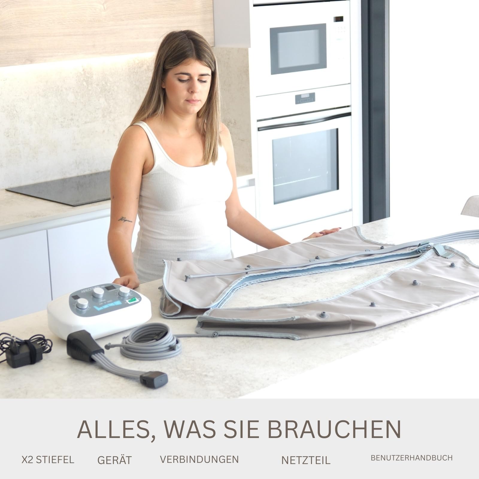Beinmassagegerät mit Luftdruck – Pressotherapie für Zuhause, 30–250 mmHg, 4 Modi, 4 überlappende Zonen, Entspannung & Komfort（Steuereinheit & Beinmanschetten）