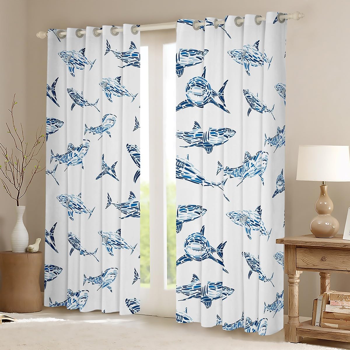 Shark Blackout Curtains Ocean Life Curtains for Child Boys Blue Watercolor Hand Drawn Cartoon Sharks Curtains & Drapes Underwater Sea Wild Animals Fish Marine Life Window Curtains 38