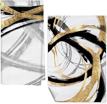 Black and Gold Kitchen Decor Towels Set of 2, Black Gold and White Bathroom Decorative Dish Tea Towels for Kitchen, Contemporary Decor Hand Towels for Bathroom, 16x24 Inch