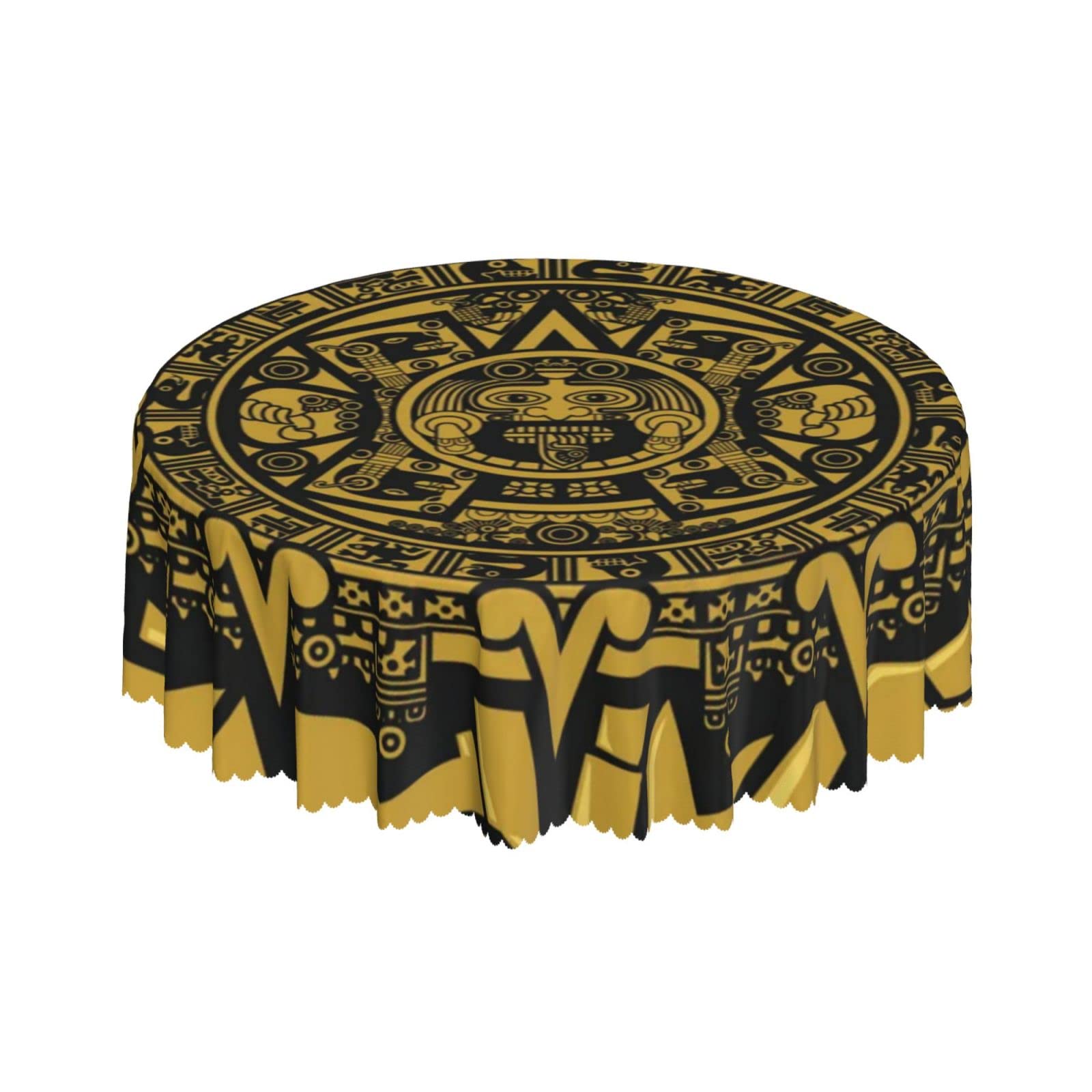 Lsjuee Maya Style Gold Symbol Round Tablecloth 60 Inch Printed Washable Tablecloth for Dining Party Holiday Fall Home Decorative