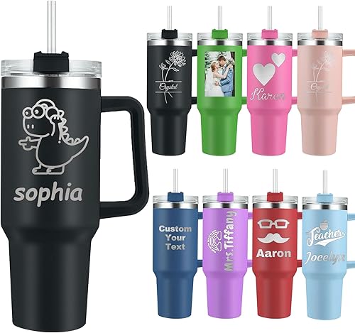 Vaso personalizado de 40 onzas con tapa con asa y pajilla, tazas de viaje de acero inoxidable personalizadas con nombre de texto para trabajo,