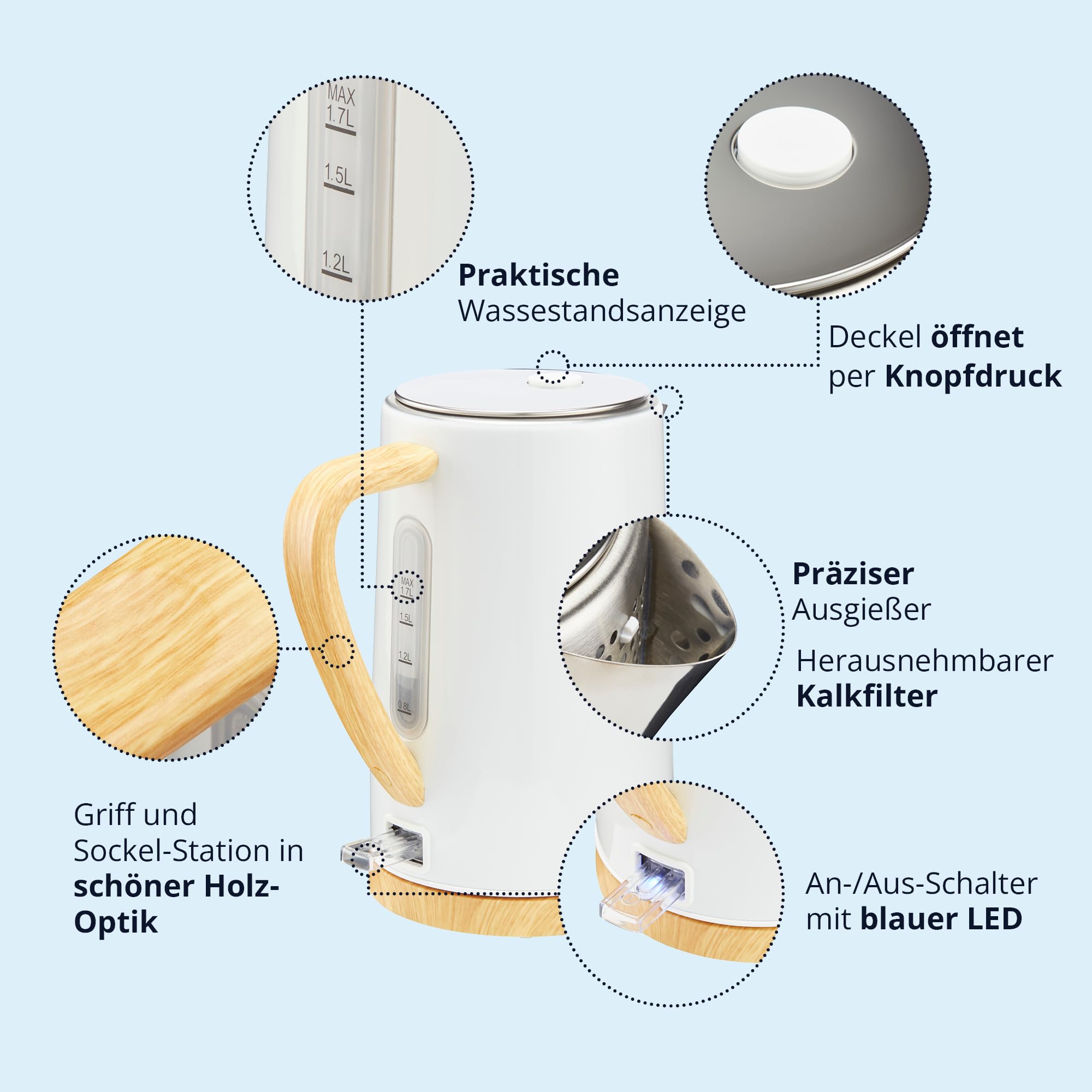 KHG Wasserkocher und Toaster Set 2-teilig 2200 800 Watt 1,7 Liter 2 Scheiben Weiß Holzoptik