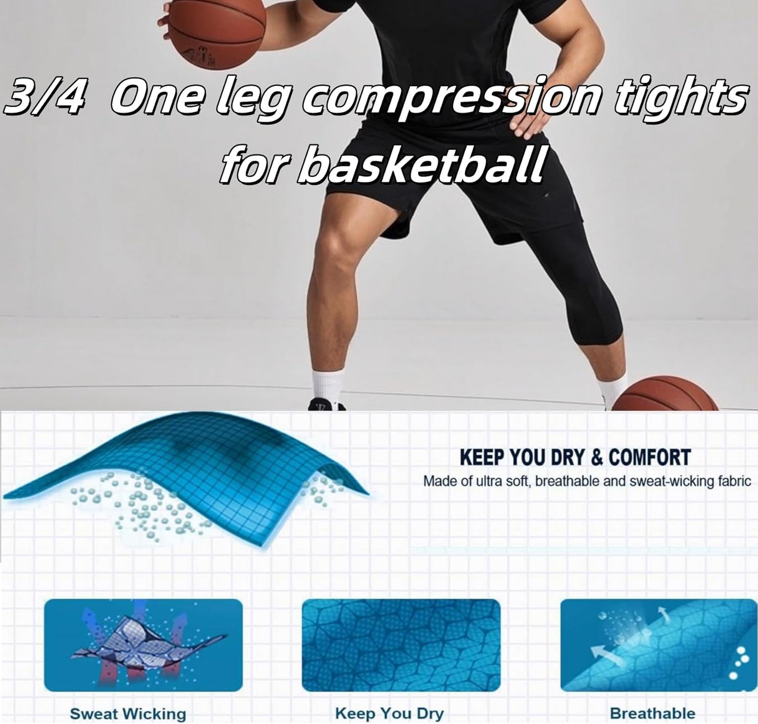 2 Pack 3/4 One Leg Compression Tights Men for Basketball Running & Sports Leggings Athletic Baselayer - Image 6