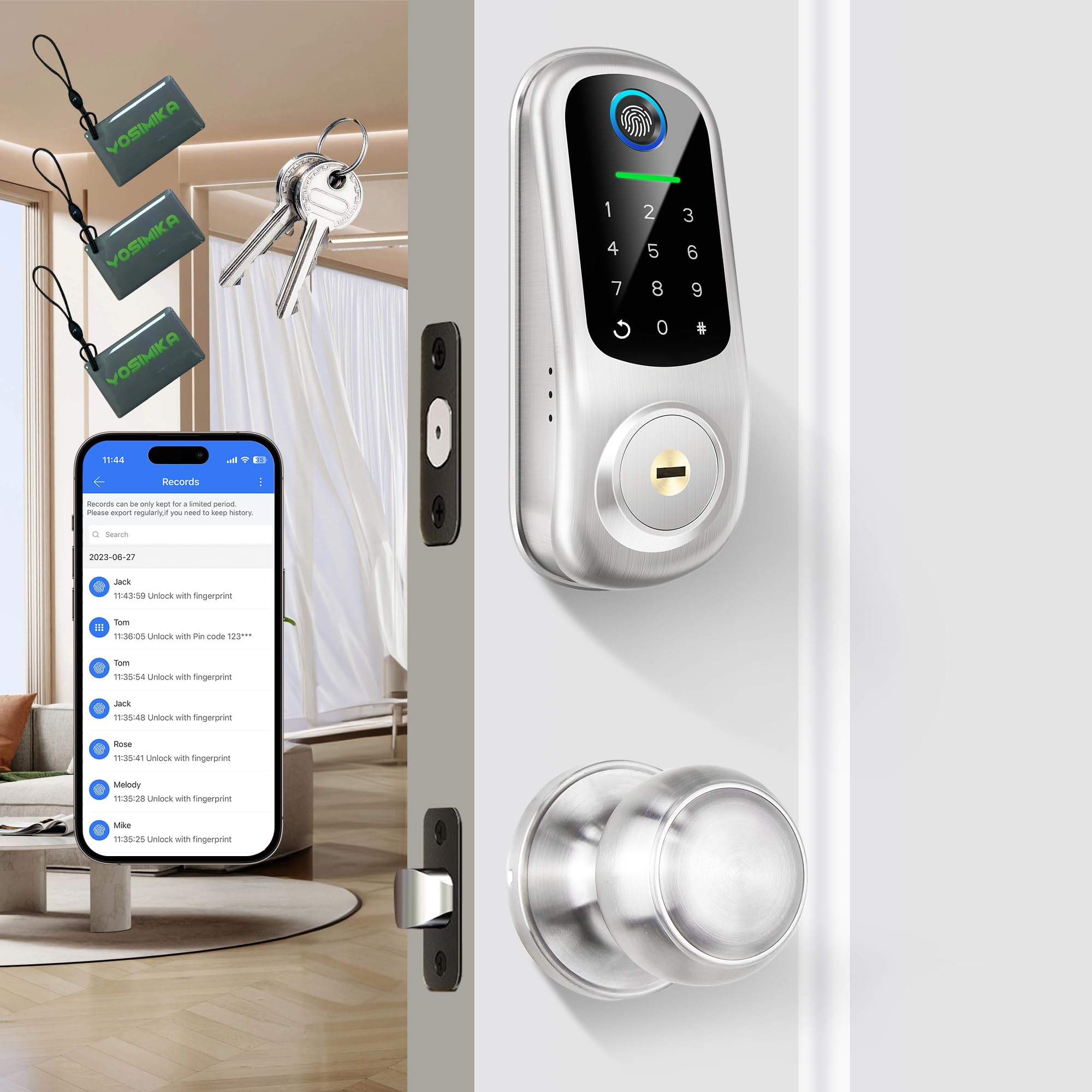 Keyless Entry Door Lock with Handle, Fingerprint Deadbolt Door Lock, Smart Door Locks for Front Door, Bluetooth Electronic Digital Keypad Lock, Easy to Install, Satin Nickel