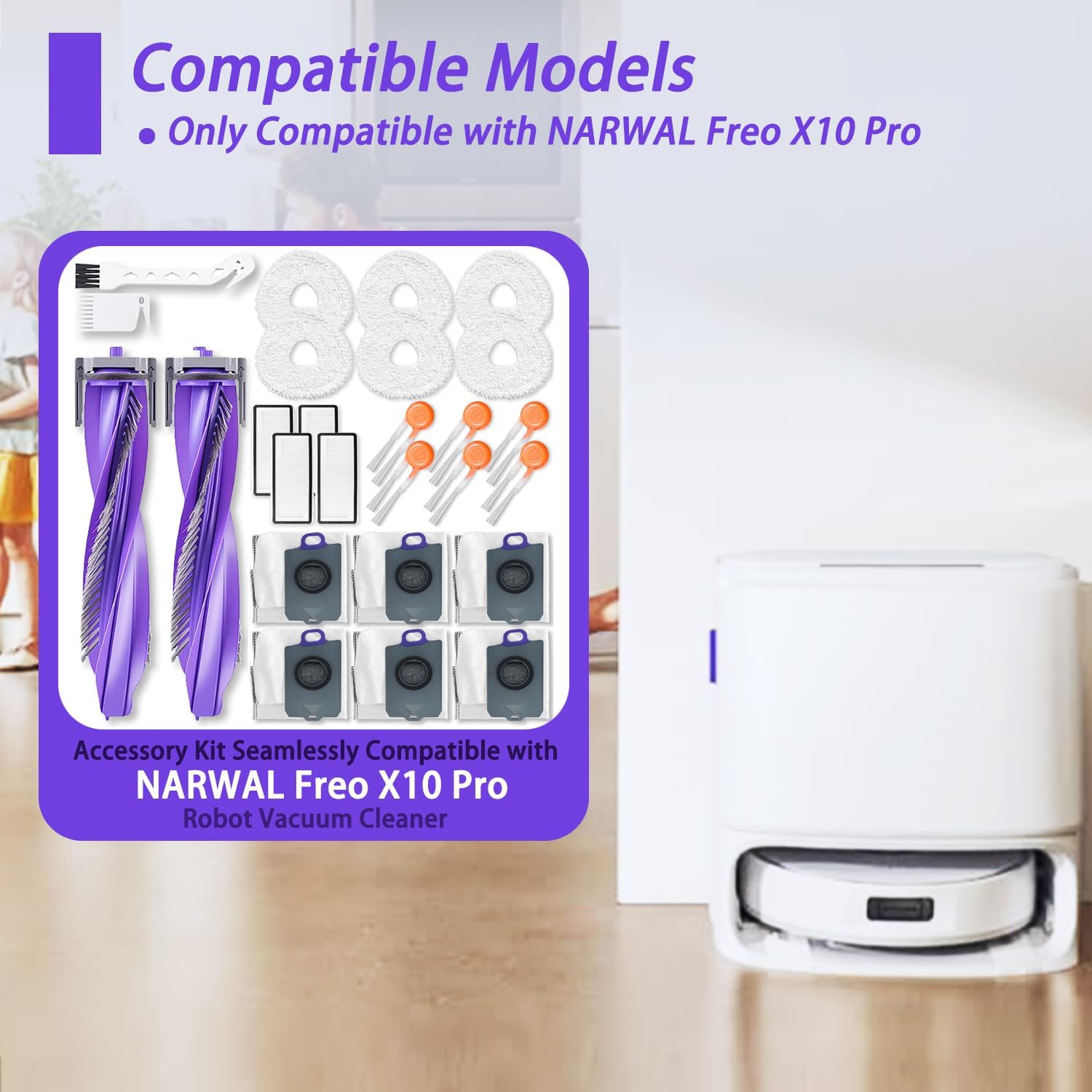 Replacement Accessories Kit Compatible with Narwal Freo X10 Pro Robot Vacuum,2 Main Brush, 4 Hepa Filter, 6 Dust Bags, 6 Mop Pads, 6 Side Brushes,Parts Set
