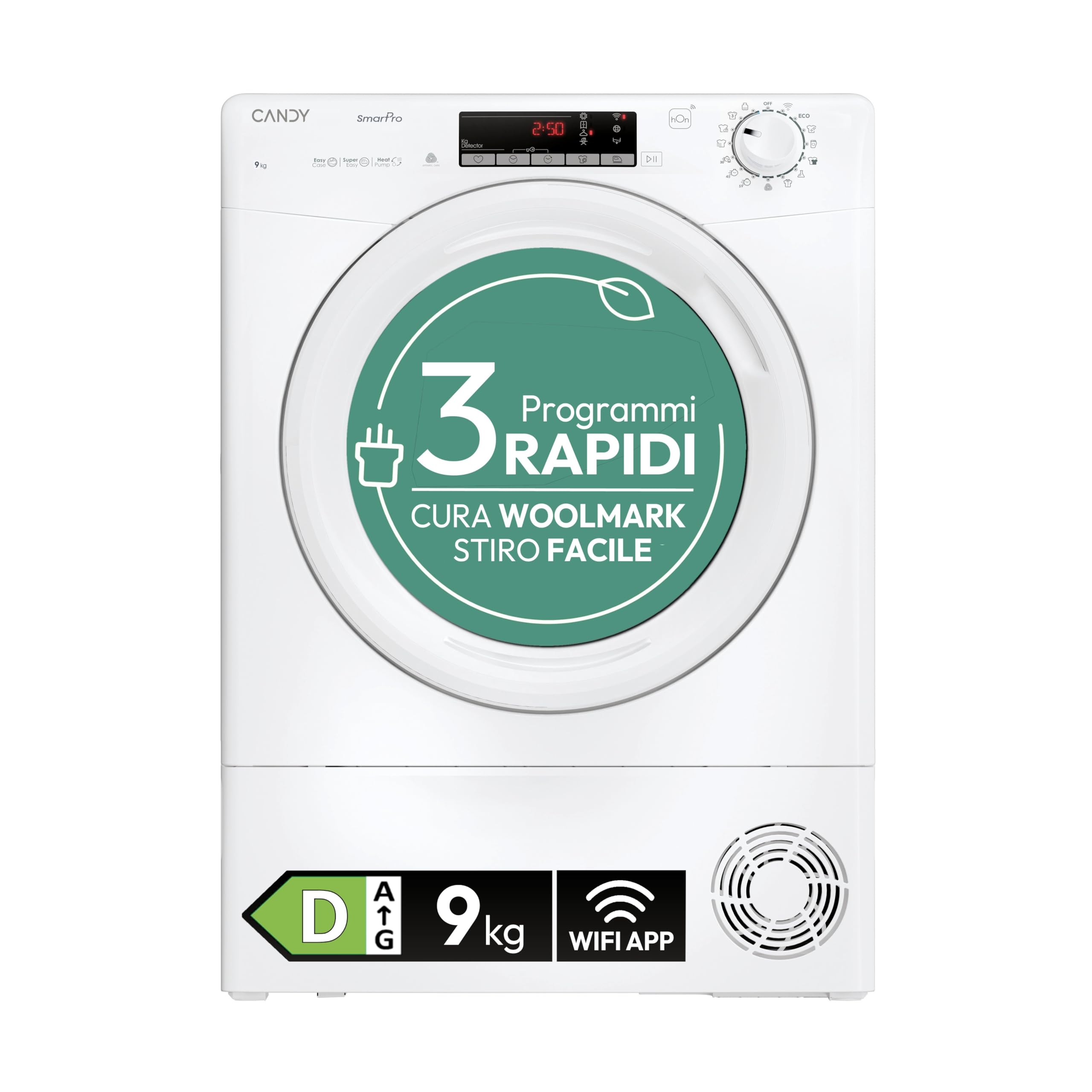 Candy Smart Pro CRO EH9N2TE-S, Asciugatrice 9KG, Pompa di calore, App HOn, Woolmark Certification, Rumorosità (dB) 66, Wi-Fi + BLE, 85 x 60 x 58.5 (A x L x P cm), Bianco - Classe D