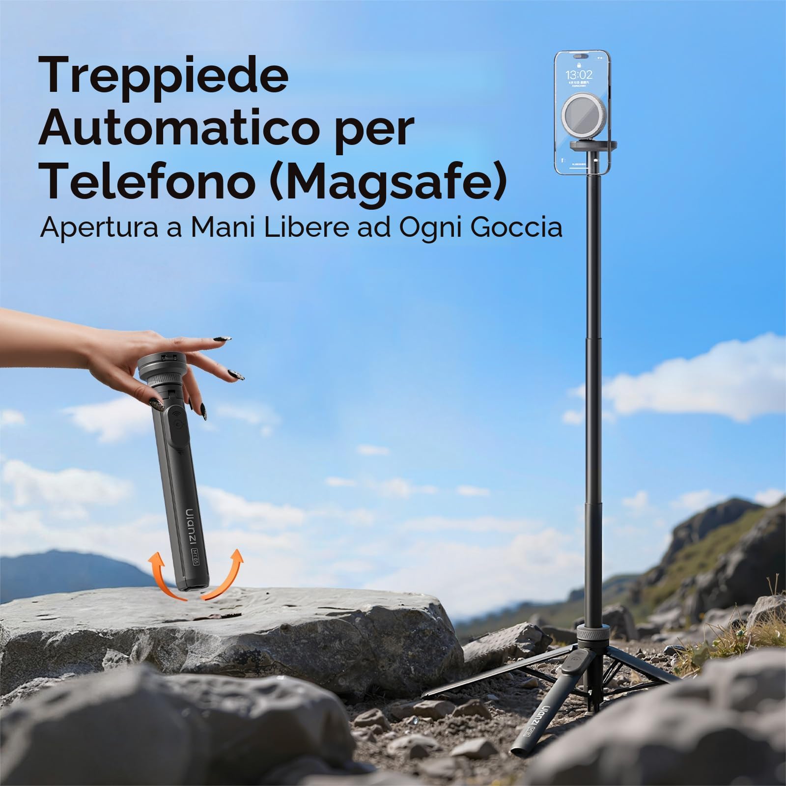 ULANZI MT85 Selfie stick treppiede magnetico con 4 piedi, Bastone selfie bluetooth con Apertura automatica, Treppiede con calamita 153cm, Compatibile con iPhone Serie 17 16 15 e Samsung Xiaomi Realme