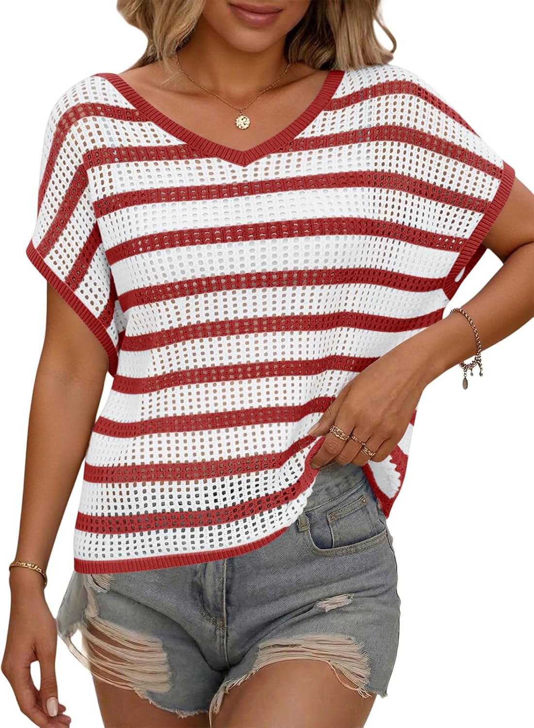 Yousify Womens Summer Crochet Tops Cap Sleeve Knit Pullover Sweater Vest V Neck Cover Ups Beach Vacation Clothes