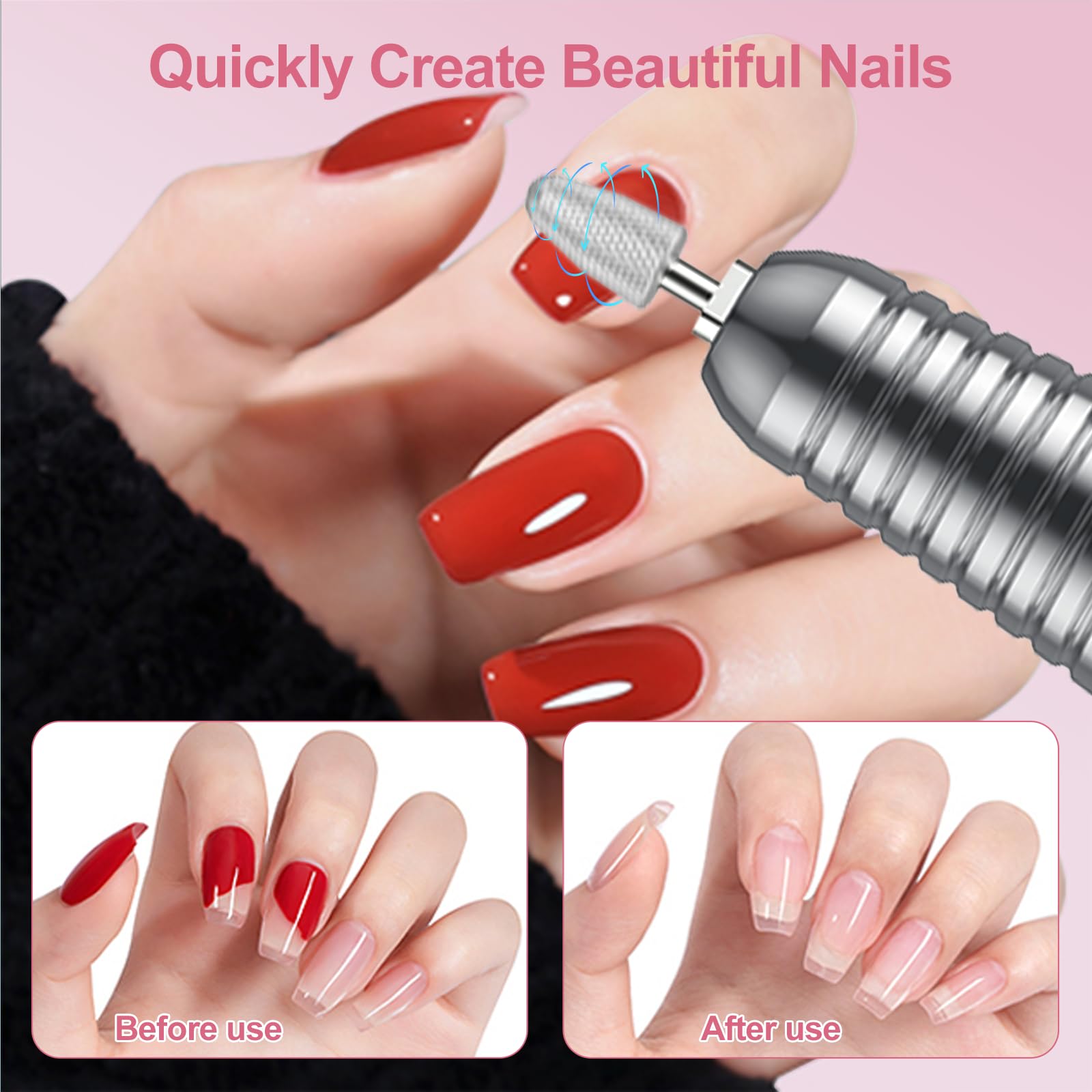 Professionelles elektrisches Nagelfräser-Set, kabellos und wiederaufladbar, inklusive Aufsätzen zum Polieren und Entfernen von Acryl- und Gel-Nagellack für den Heimgebrauch (Pink)