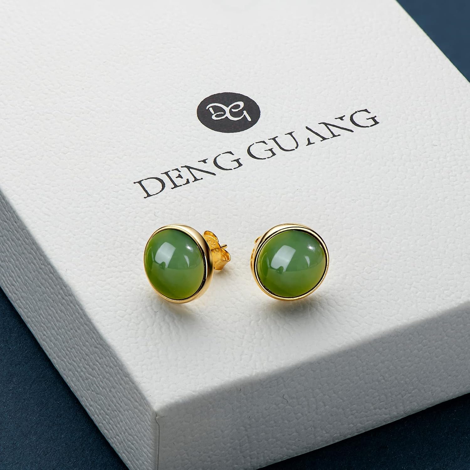 Jade Stud Earrings for Women, Natural Real Green Jade 14k Yellow Gold Plated Sterling Silver Hypoallergenic Earrings, Christmas Jewelry Gifts for Wife Mom