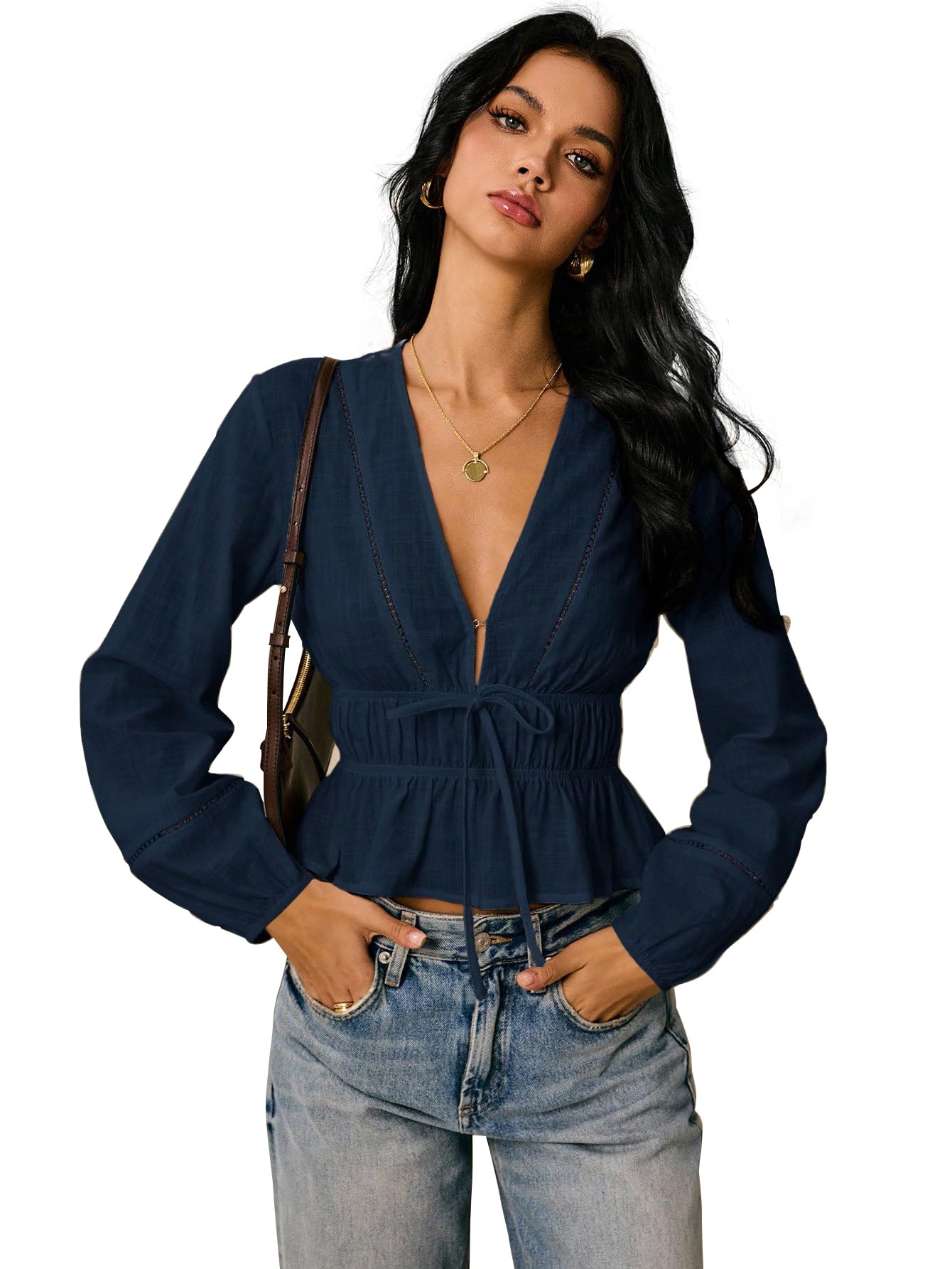 shasmi Women's Solid Deep V Neck Cotton Long Bishop Sleeve Drawstring Waist Ruffle Hem Peplum Top | Blouse | Casual Boho Cottagecore Shirt for Office, Vacation & Daily (Top 304)-picture-30