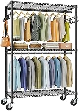 VIPEK R2 Plus Heavy Duty Rolling Garment Rack 3 Tiers Adjustable Wire Shelving Clothes Rack with Double Rods and Side Hooks, Freestanding Wardrobe Storage Rack Metal Clothing Rack, Black