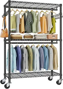 VIPEK R2 Plus Heavy Duty Rolling Garment Rack 3 Tiers Adjustable Wire Shelving Clothes Rack with Double Rods and Side Hooks, Freestanding Wardrobe Storage Rack Metal Clothing Rack, Black