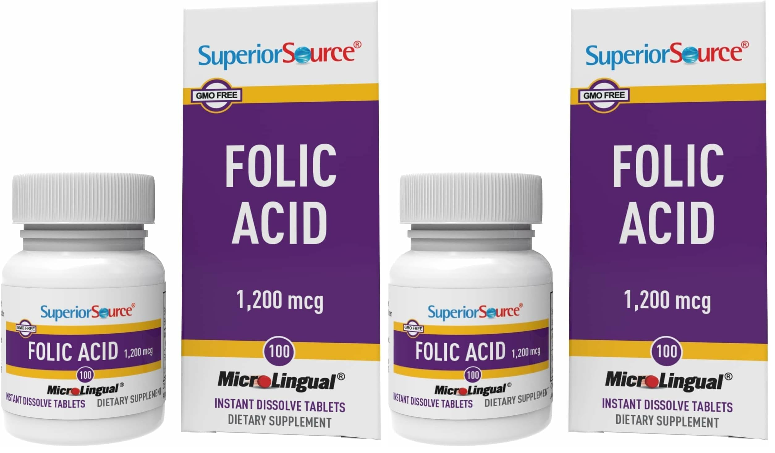 Superior Source Folic Acid 1200 mcg - Supports Heart, Immune & Nervous System - 100 Sublingual Tablets (Pack of 2) 100 Count (Pack of 2)