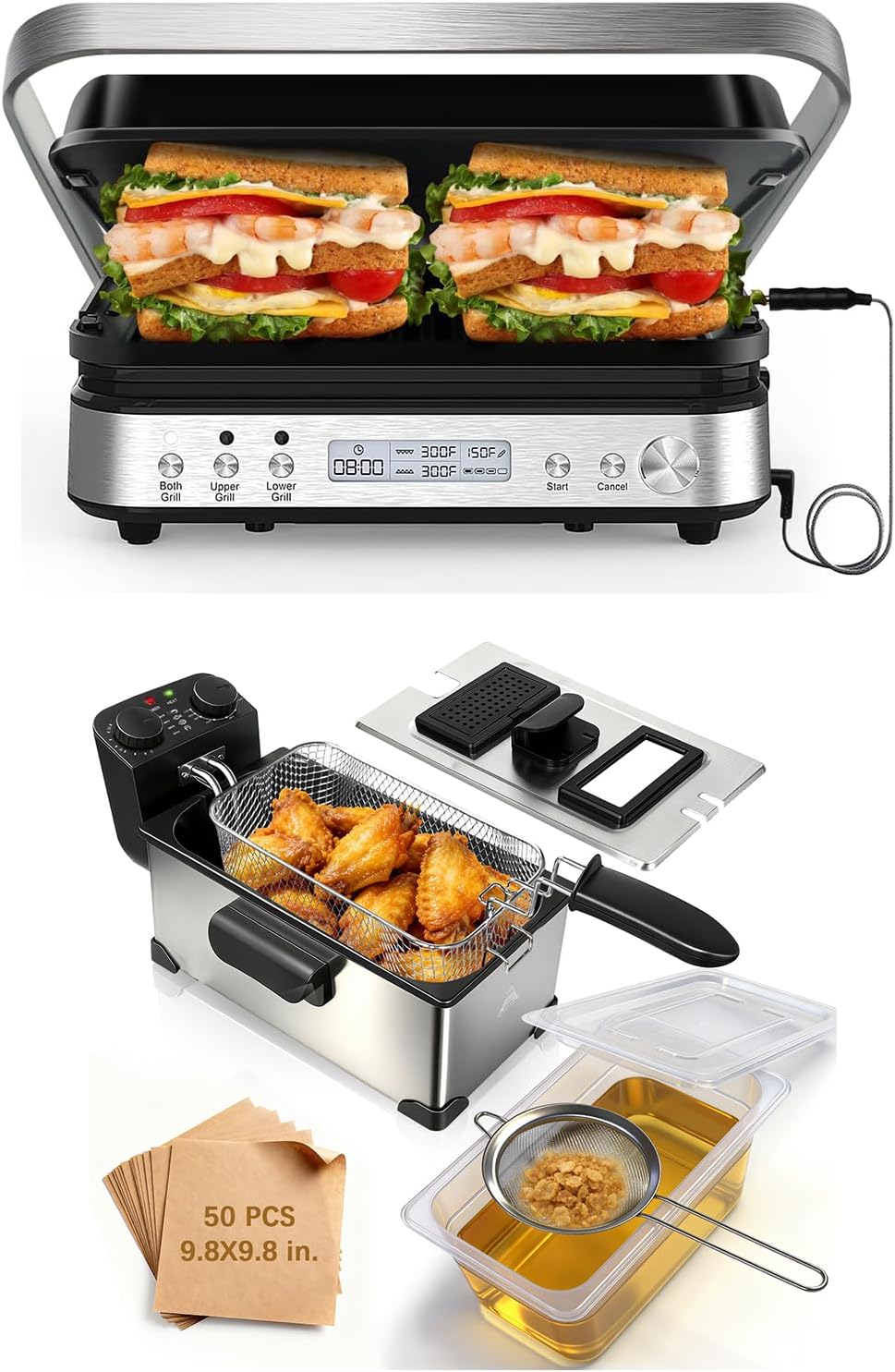 5 in 1 Panini Press Grill Sandwich Maker & Deep Fryer with Oil Filtration