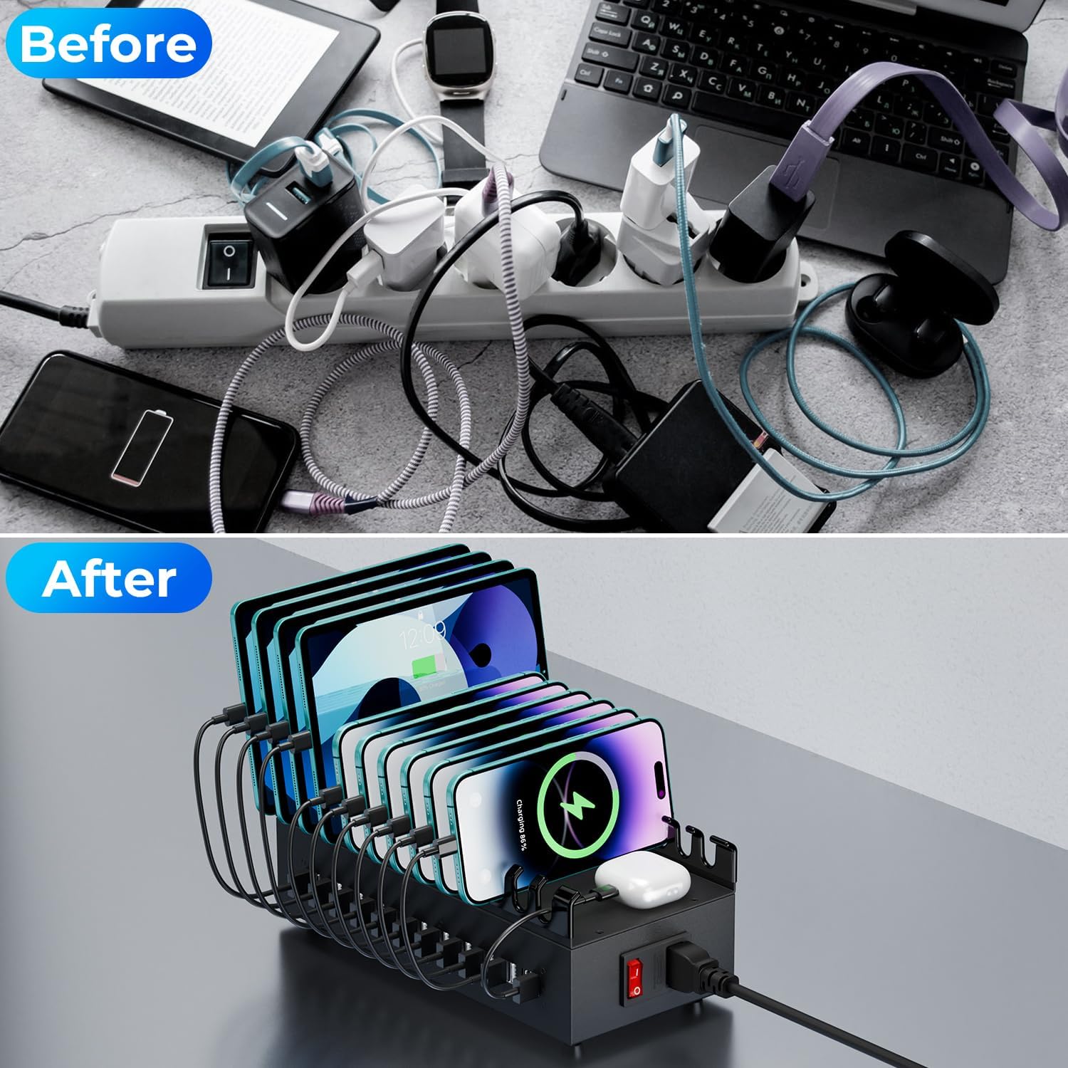 Charging Station for Multiple Devices, 200W 22 Port USB Power Charger Block for iPhone iPad Cell Phone Tablets, Multiple USB Power Strip for Home Family (with Bracket, Saving Space)