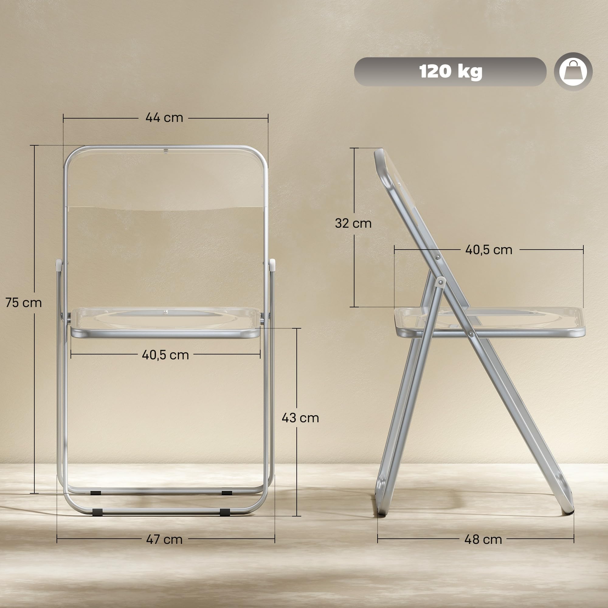 HOMCOM Lot de 4 chaises Pliantes en Acrylique et Acier, chaises Pliantes intérieures Portables pour Maison, Bureau, Salle à Manger, 47 x 48 x 75 cm, Transparentes