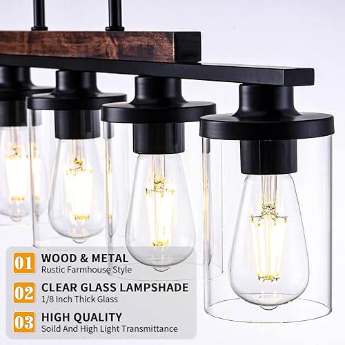 Miniatura 4 de NSRCE Lámpara de comedor de 5 luces, iluminación colgante para isla de cocina, mesa de comedor, sala de estar con pantalla de cristal, metal negro y