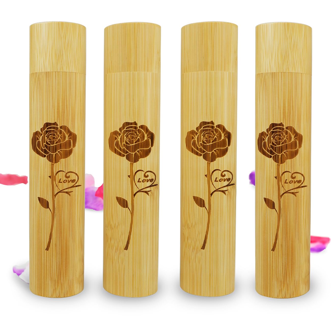 Set of 4 Small Bamboo Cremation Scattering Urns Tube for Human Pet Ashes, Bamboo Spreading Tube Urn for Male Female Women Man Mom Dad Child Remains(Rose Love)