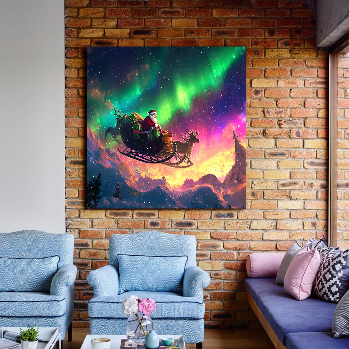 TOANGWALL Świąteczne sanki Aurora płótno sztuka ścienna Świętego Mikołaja zdjęcia grafika wydruki zimowe wakacje plakaty ścienne malarstwo toaletowe wystrój 60 x 60 cm nieoprawione