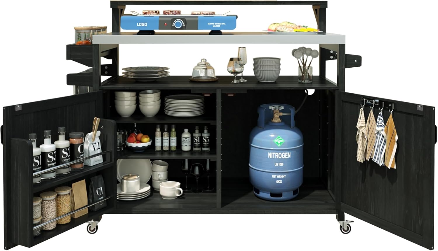 53.3" Farmhouse Outdoor Kitchen Island with Adjustable Shelf and Storage Cabinet, Rolling Grill Cart with Stainless Steel Top, Internal Storage Rack and Spice Rack, Black