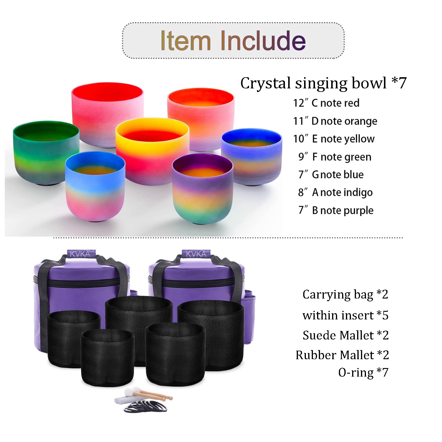 KVKA Set di ciotole sonore di cristallo, 7 – 12 pollici, 432 Hz, colori arcobaleno, al quarzo, Chakra, Sound Healing, per yoga, meditazione, rilassamento, antistress con borsa per il trasporto