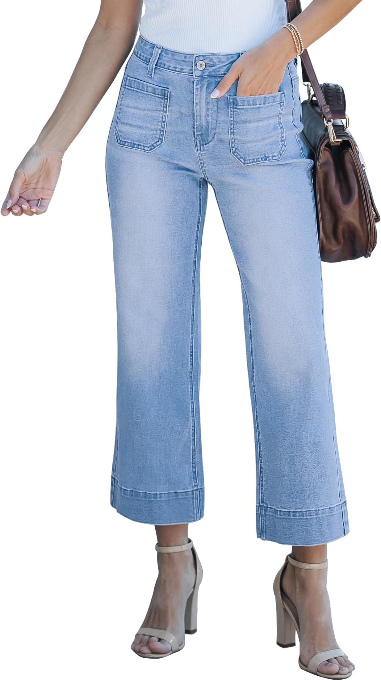 luvamiaWide Leg Jeans for Women Trendy High Waisted Flare Jeans Cropped Denim Pants Stretchy Baggy with Patch Pockets