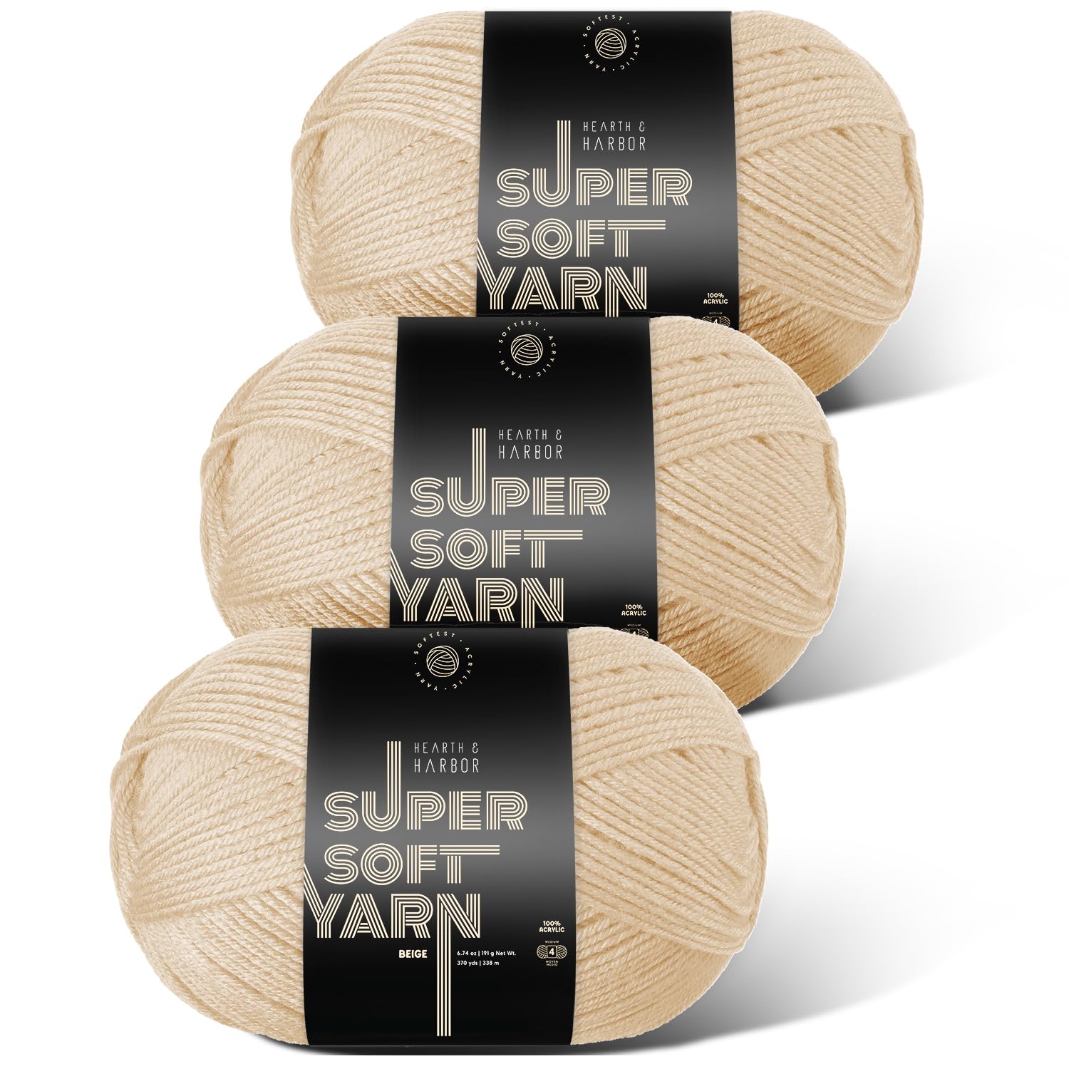 Acrylic Yarn for Crocheting &amp; Knitting – Soft Crochet Yarn for Crocheting, 3 Pack of 370 Yards, Perfect for Crafts &amp; Amigurumi, Medium Worsted Weight 4, Beige