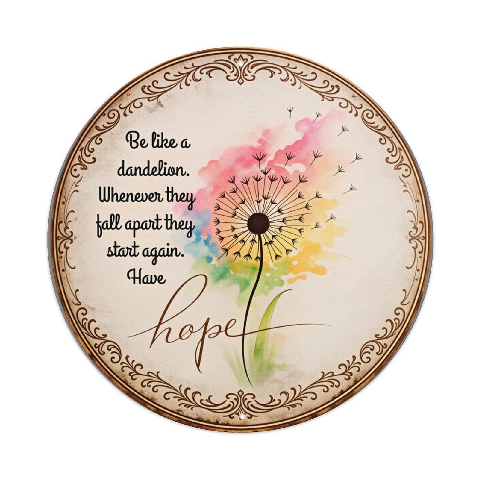 Dandelion Watercolor Floral Quote Art Round Tin Sign Vintage Style Metal Sign Home Bar Garden Wall Plaque Decor Metal Poster 8x8 Inch