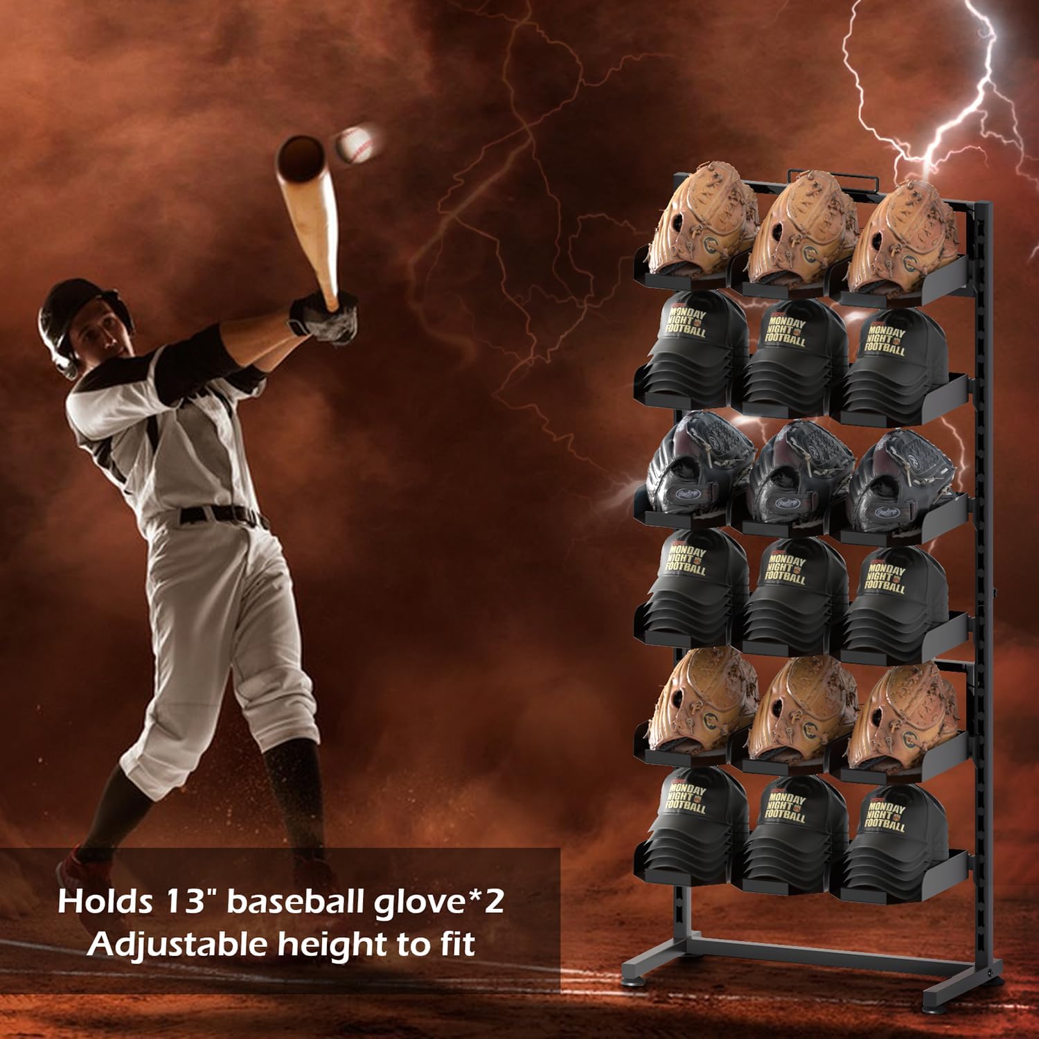 Large Hat Rack Stand - 6 Tier Adjustable Ball Cap Storage Organizer With 18 Plate Tray for 180 Baseball Hat,Standing Coat Rack, Commercial Home Use, Black Metal