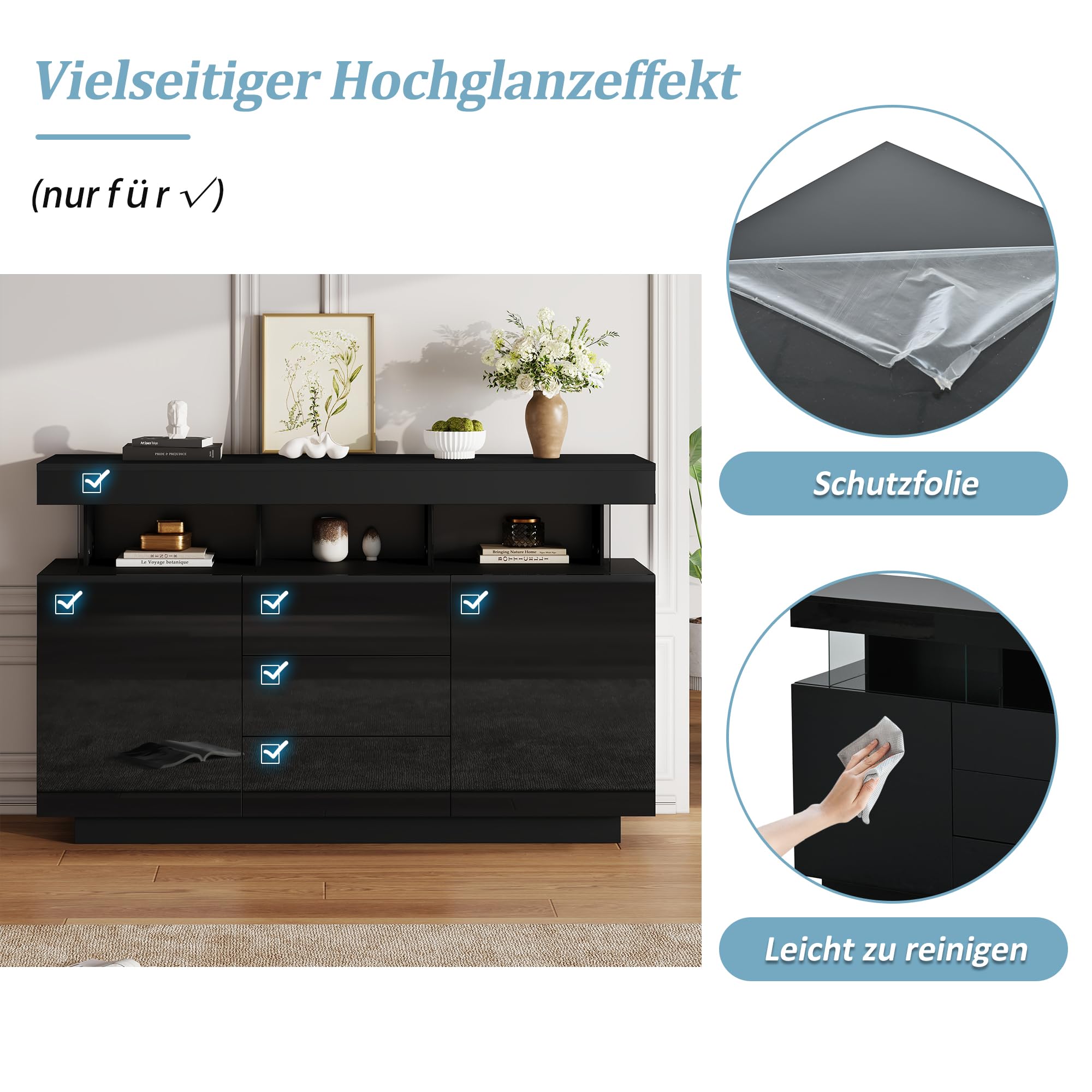 Sideboard Hochglanz 140cm Breit, Sideboard Wohnzimmer mit 16-farbigem Lichtstreifen, Highboard Geeignet für Wohnzimmer und Flur, 140x35x80cm, Schwarz