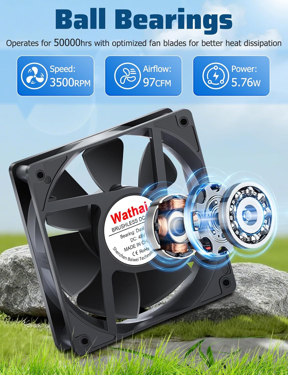 Wathai 1225 48V 120mm DC Brushless Cooling Fan Dual Ball 2 Pin 120x120x25mm for Servers, NAS, Electronic Components