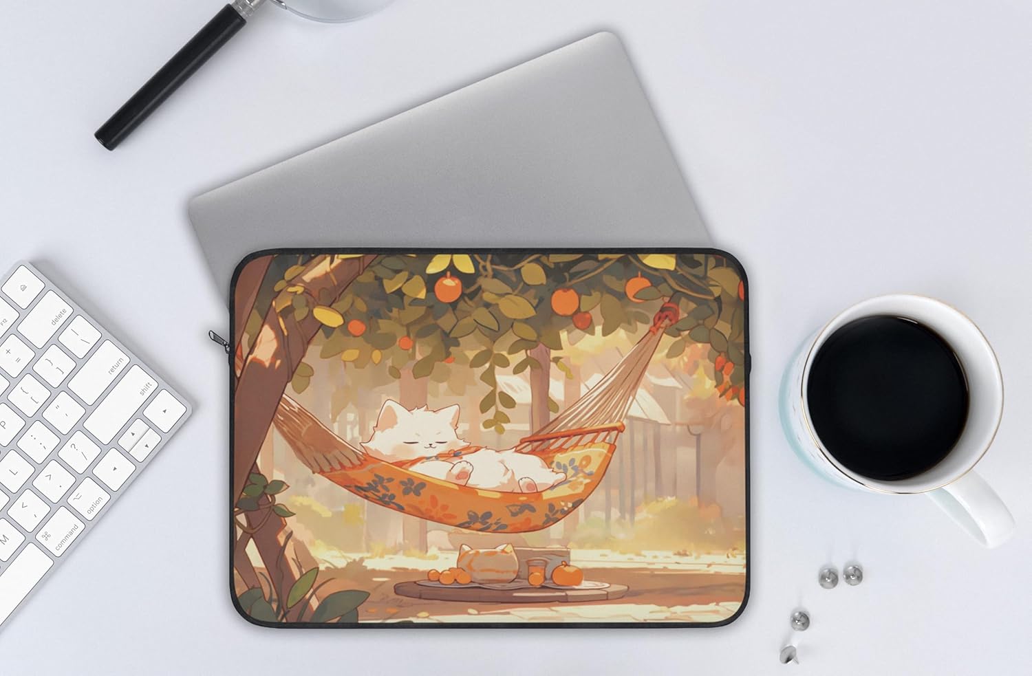 Kawaii Cat Laptop Sleeve 13" 15", Cute Anime-Style Summer Cat Design, Soft Fleece-Lined Protective Laptop Cover, Lightweight Sleeve for Work, Travel, or Daily Use (13")