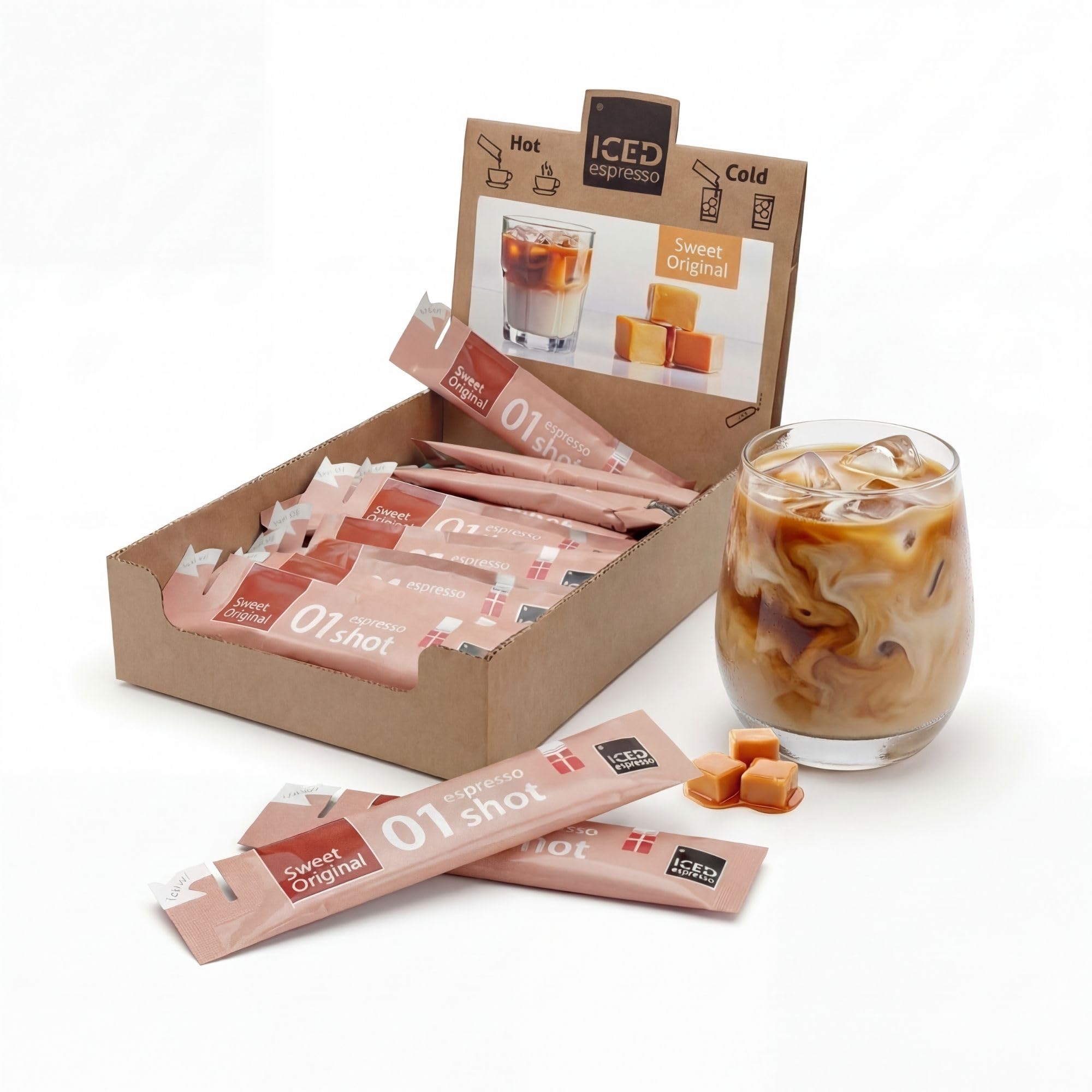 ICED Espresso Sweet Cream Caramel (30 x 40ml) – 30 Portionen Eiskaffee Espresso Sticks | Arabica Kaffee mit Süße | Praktische To-Go Sticks für zu Hause & unterwegs