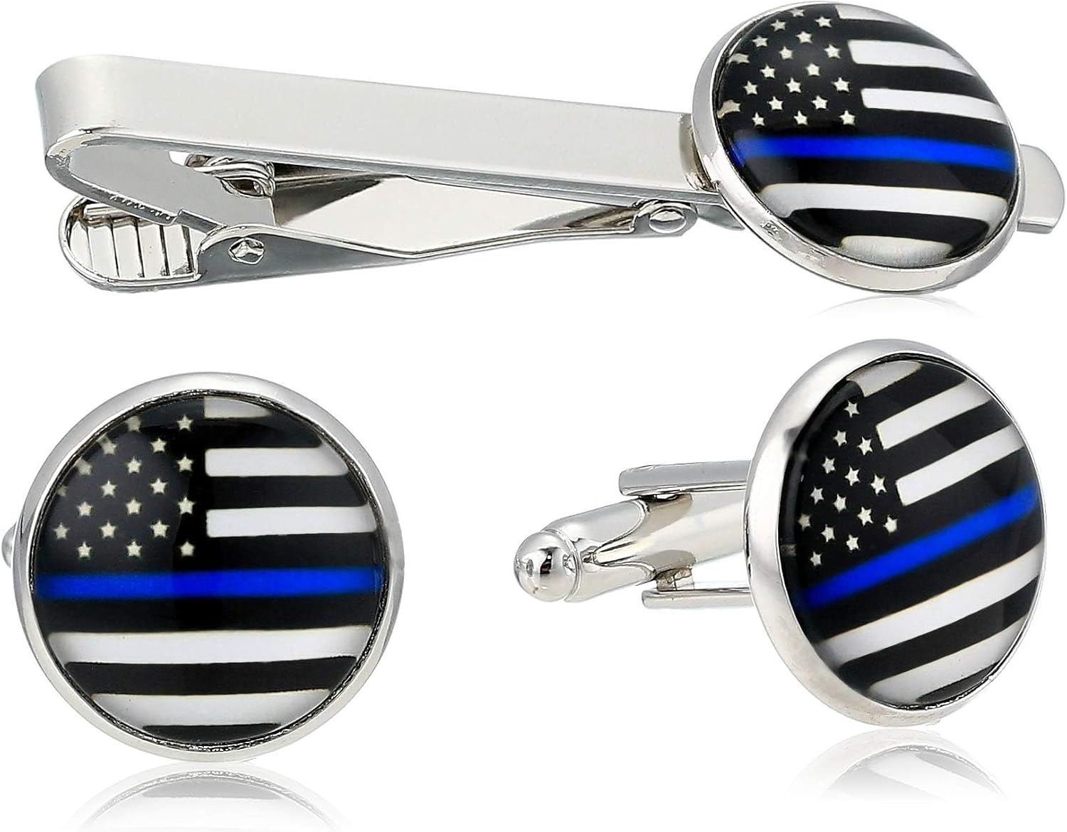 American Flag USA Tie Bar Clip and Cufflinks Set - Silver Colored Metal Plated - Luxury Clothing Accessories