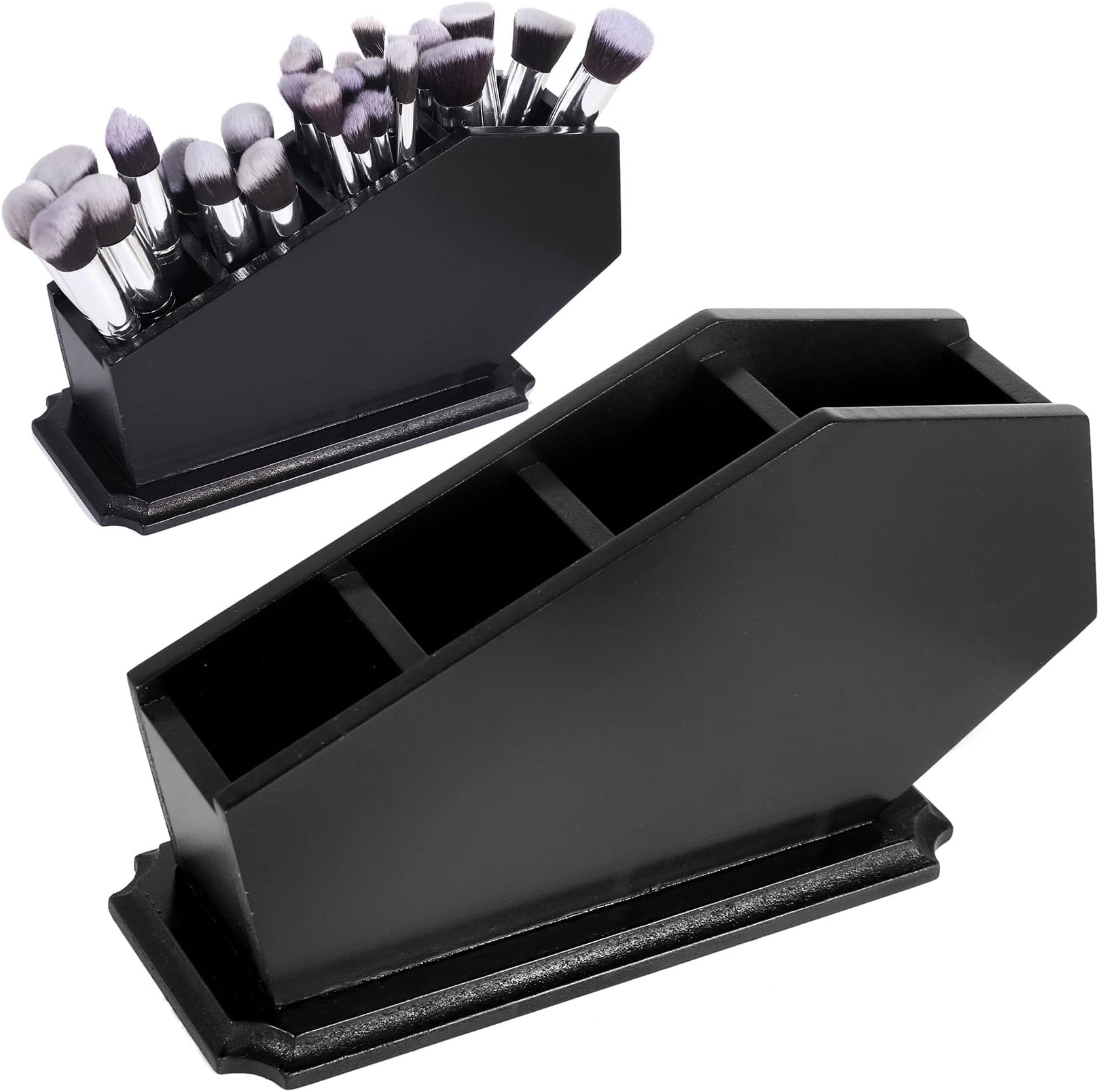 Coffin Brush Holder - Gothic Wooden Makeup Organizer for Vanity - Spooky Halloween Decor for Bathroom, Living Room or Bedroom - Witchy Gifts for Women -Black - 11x6x4 Inches