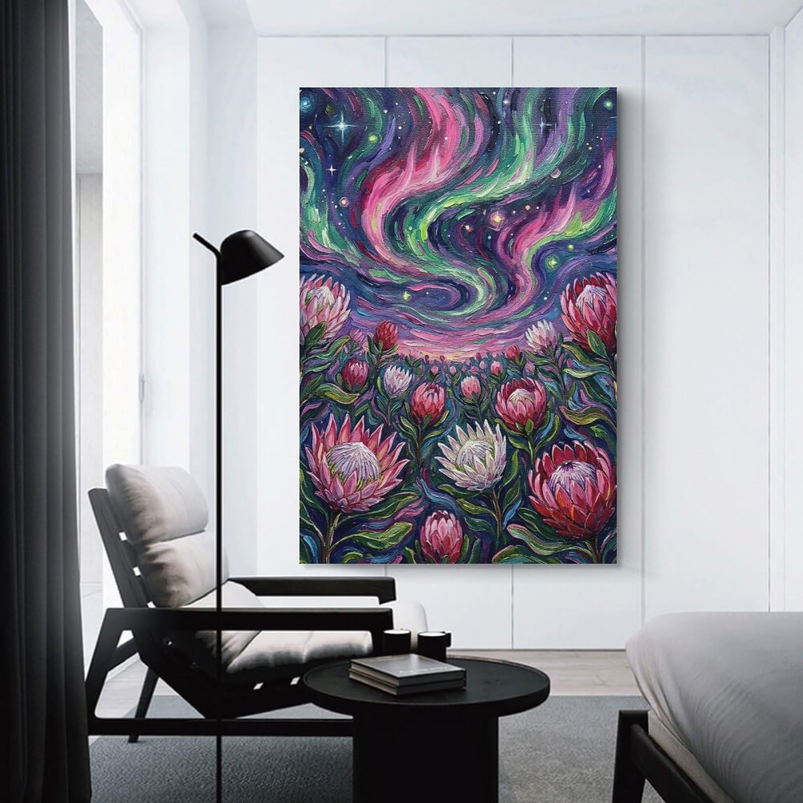 Junmoney Wall Art Print Protea Field Under Aurora Borealis Painting, 12x18inch(30x45cm), for Hallway, Bedroom Or Modern Interiors, Thoughtful Wall Decor for Art Lovers