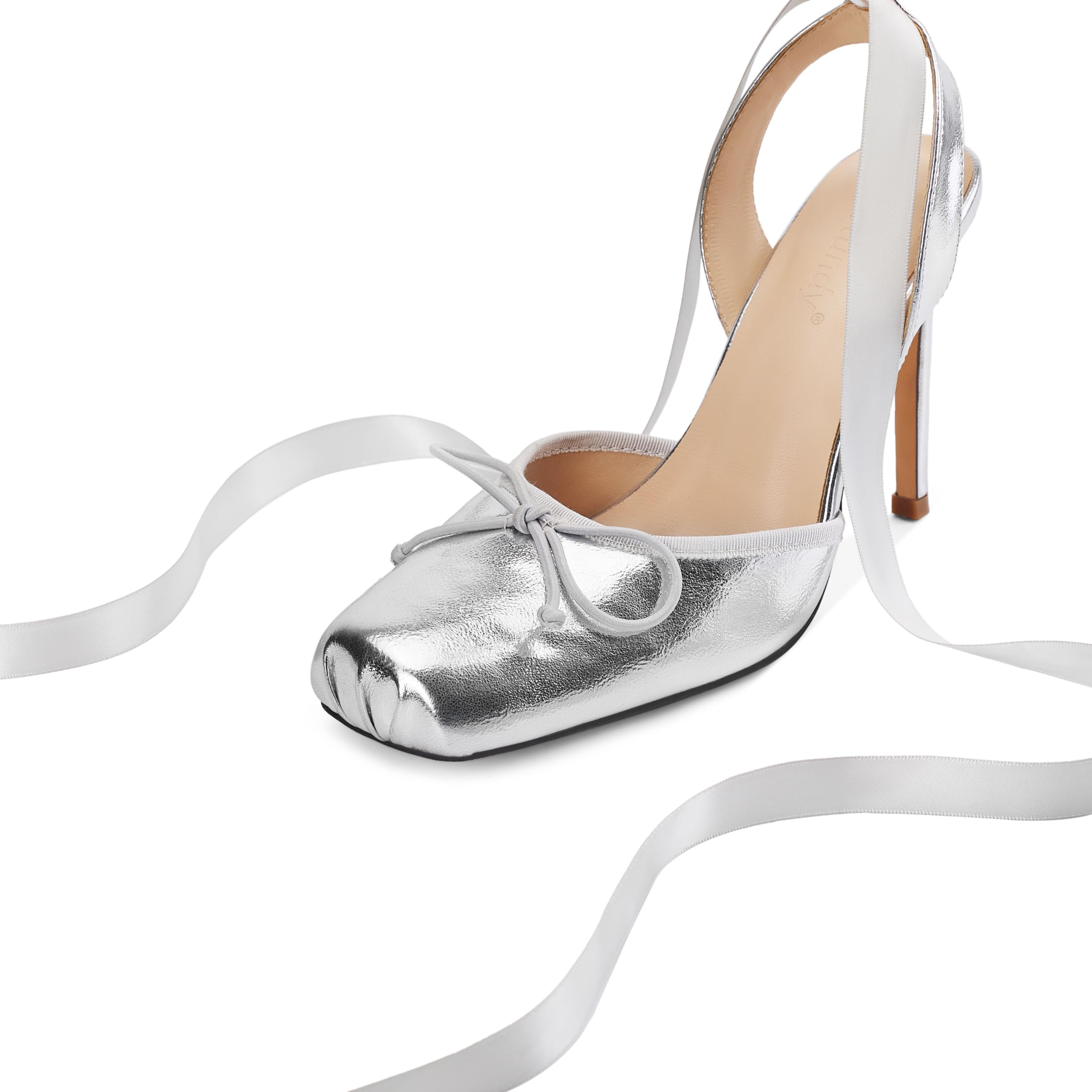 Vertundy Women's Satin Ballet Heels Lace Up Square Toe Stiletto High Bow Ballerina Heels: 6 Silver