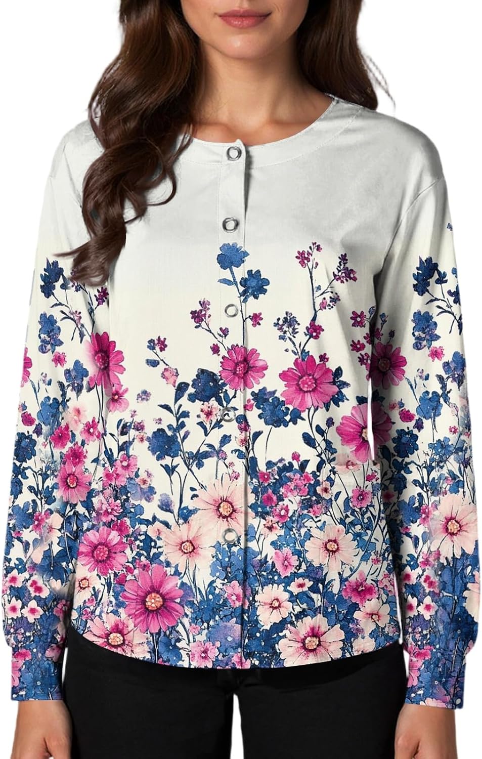 Scrub Jackets for Woman Floral Print Scrub Tops Long Sleeve Snap Front Plus Size Nurse Jackets with Pockets