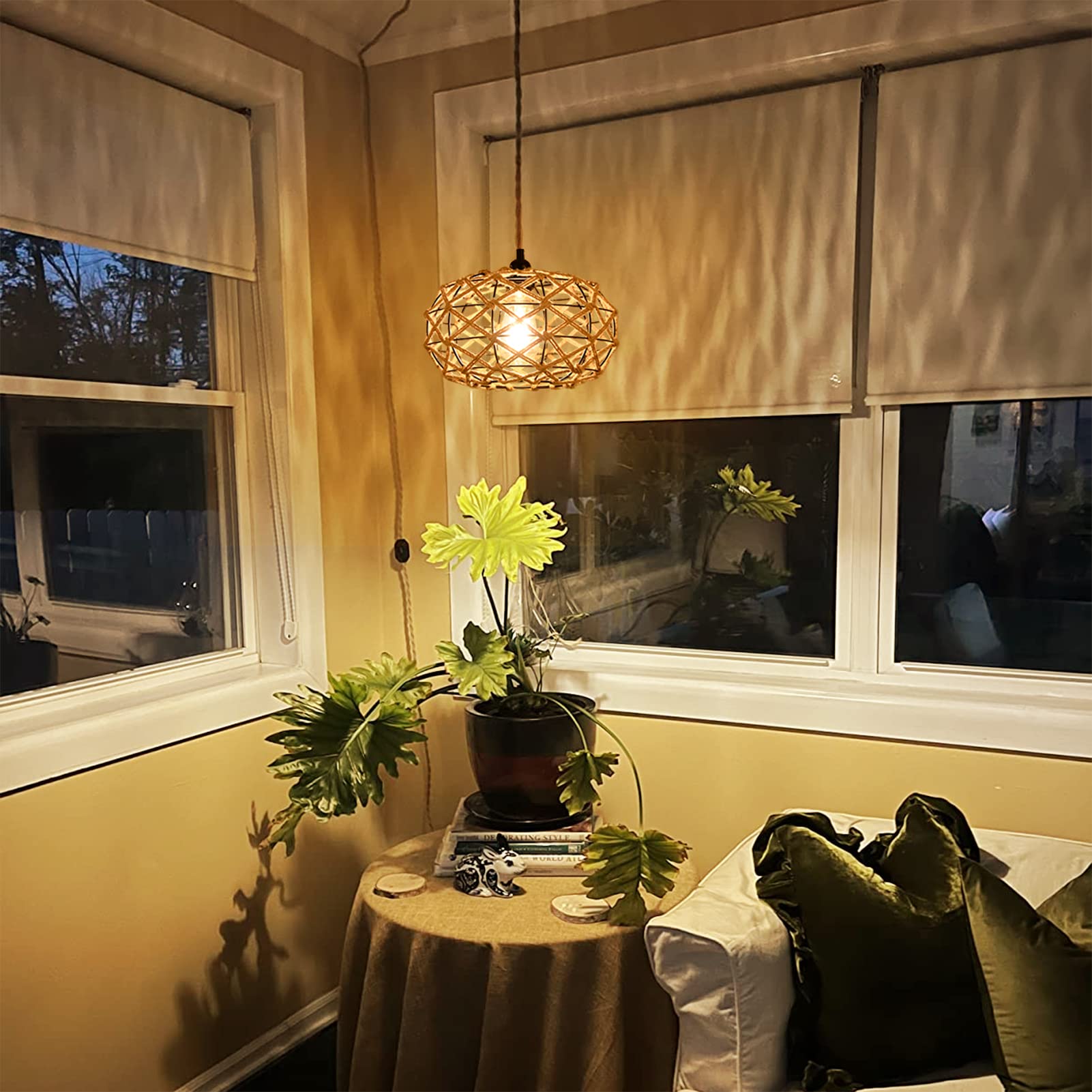 eyassi Plug in Pendant Light with LED Bulb, Rattan Hanging Lamp with 15.1FT Dimmable Hemp Rope Cord,Hand Woven Hanging Lights with Plug in Cord Boho Plug in Chandelier for Bedroom Hallway Living Room