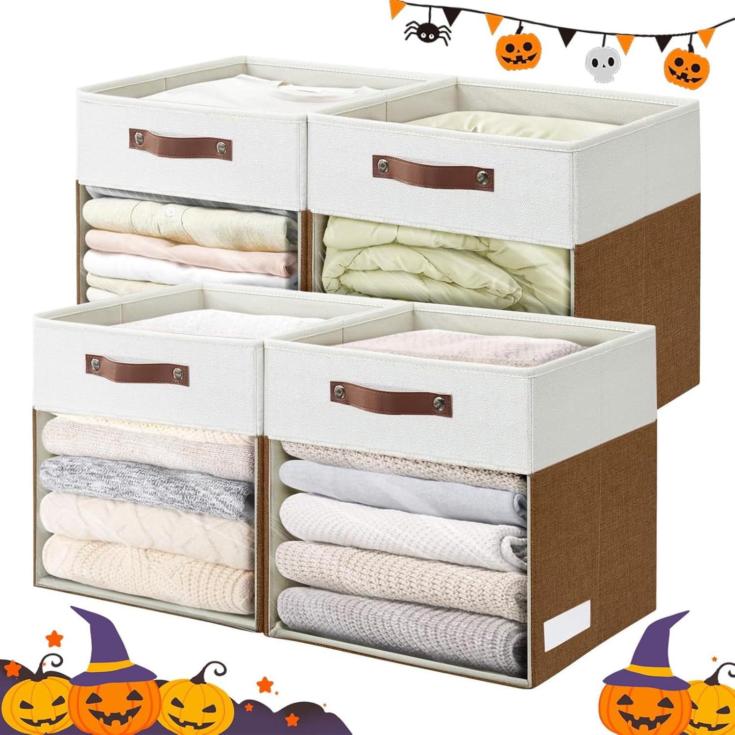 Storage Cubes, 4 Pack Linen Foldable Storage Bins (13 x 13 inch) with Clear Window and Handles, Fabric Organizer for Shelf Closet, Clothes, Books - (Brown and White)