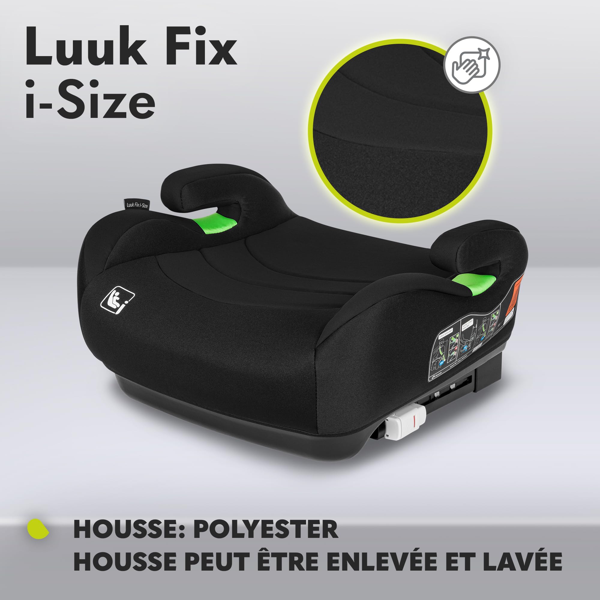 LIONELO LUUK FIX i-Size Réhausseur Siège Auto pour Enfants avec ISOFIX, de 22 à 36 kg/ 125-150 cm, Groupe 2 et 3, Siège et Accoudoirs Confortables, Housse Amovible (Grey) (Noir)